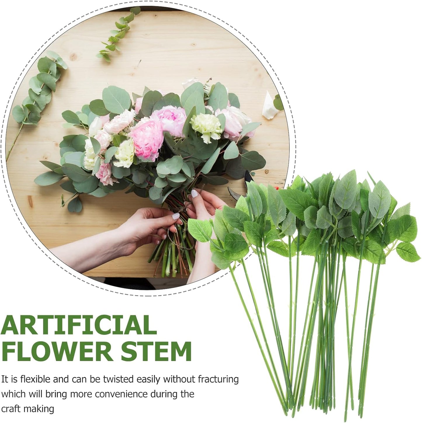 Veemoon 30pcs Floral Wire Stem with Leaves Artificial Plastic Rose Floral Wire Stems DIY Craft Bouquet Making Floral Arrangement Tools for Wedding Bouquet Centerpiece Home Decor