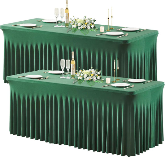 Wish Care 2 Pack Hunter Green Stretch Spandex Table Clothes for 6 Foot Rectangle Tables, 6FT Wrinkle Free Fitted Tablecloths Ruffles Design Table Cover for Party, Banquet, Wedding and Events