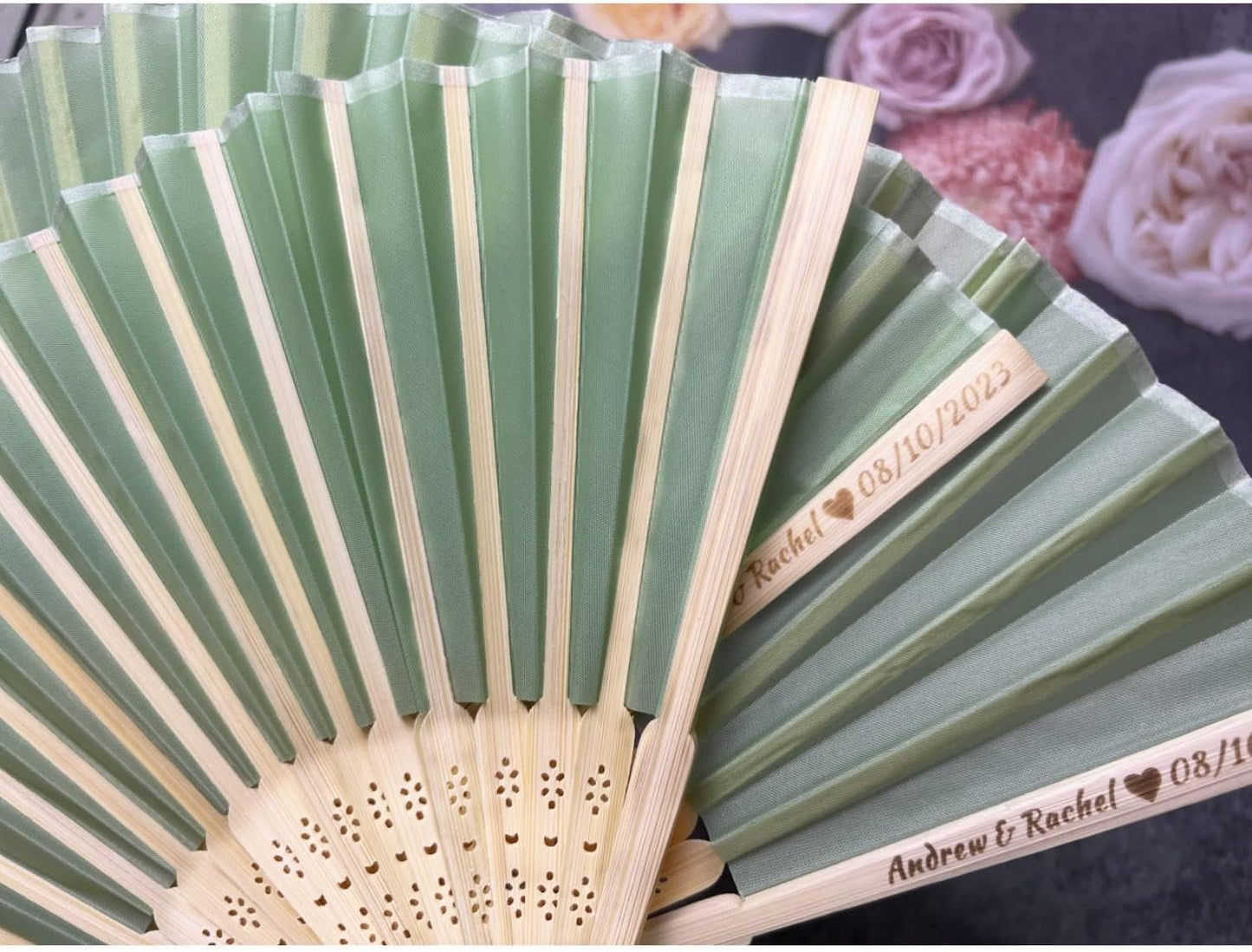 Personalized Wedding Fans Handheld Folding Fans (5Pcs) - Custom Engraved Green Silk Fans for Bridal Shower Favor/Baby Shower Favor, Birthdays Party Gifts/Gifts for Party Guests
