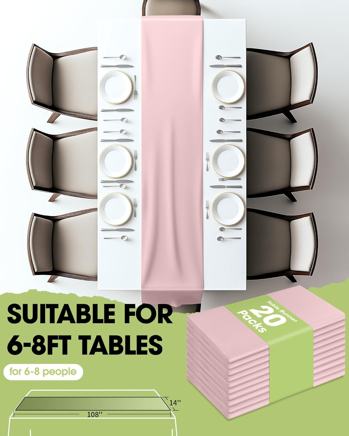 Pureegg Dusty Pink Plastic Table Runners - 20 Pack, 14'' x 108'', Water Resistant & Disposable Centerpiece Decorations for Table Cloth, Wedding, Birthday, Holiday, Baby Shower, Party, Home Decor