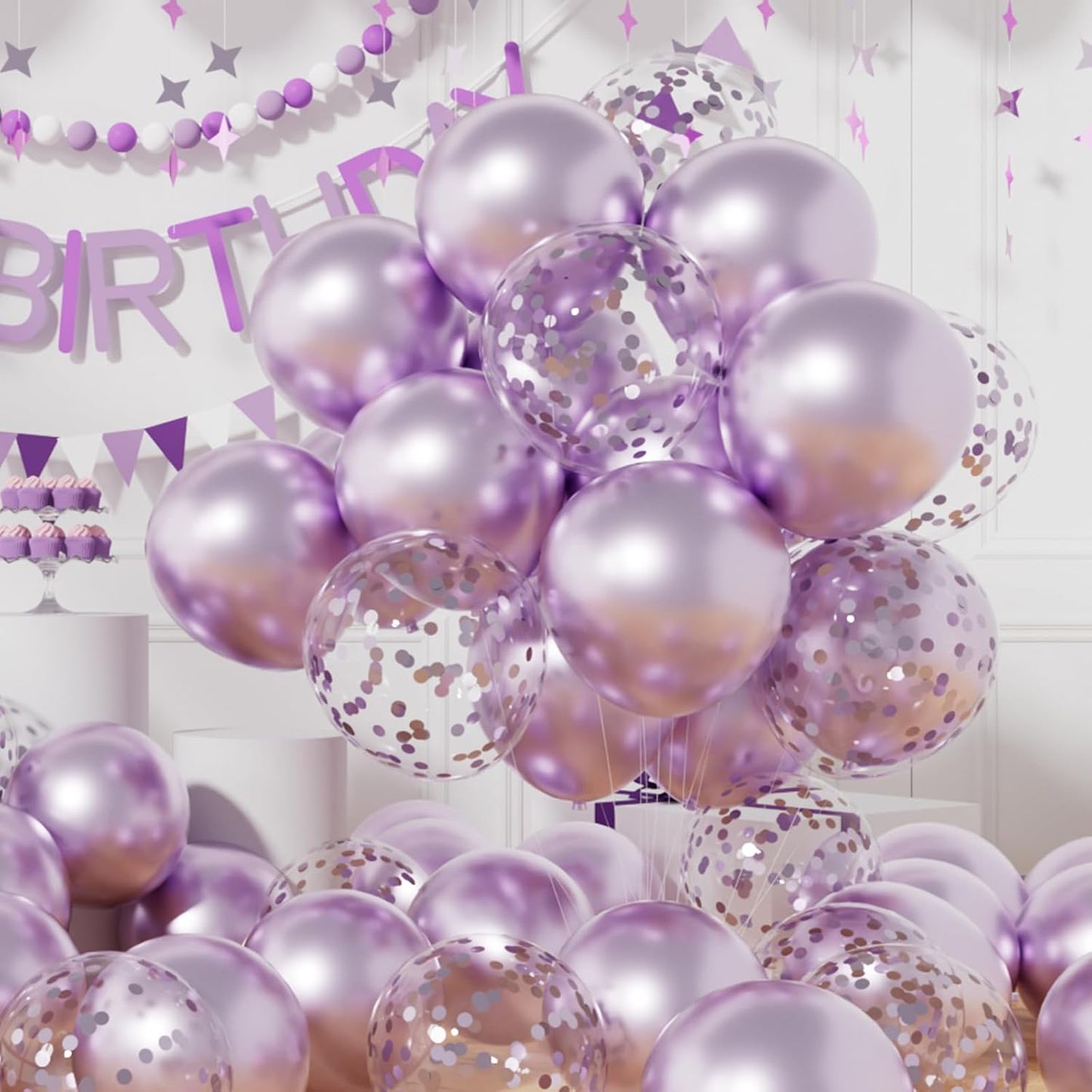 AULE Party Balloons Pack of 42 - Metallic Lavender Balloons and Confetti Latex Helium Balloons With 64ft Ribbons - 12 Inch Lilac Chrome Balloon Decoration Set