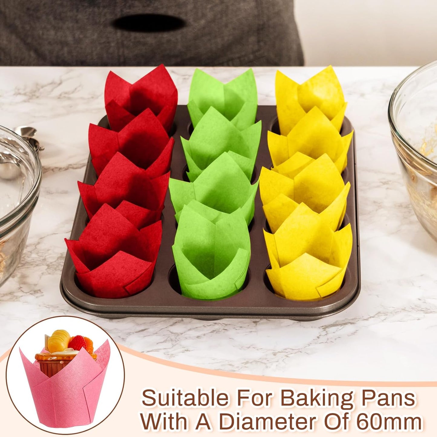 300 Pcs Jumbo Muffin Liners for Baking 2-1/4" x 4" Large Tulip Cupcake Liners Greaseproof Cupcake Wrapper Paper for Weddings Birthday Christmas Anniversaries Party (Green,Red,Yellow,Pink)