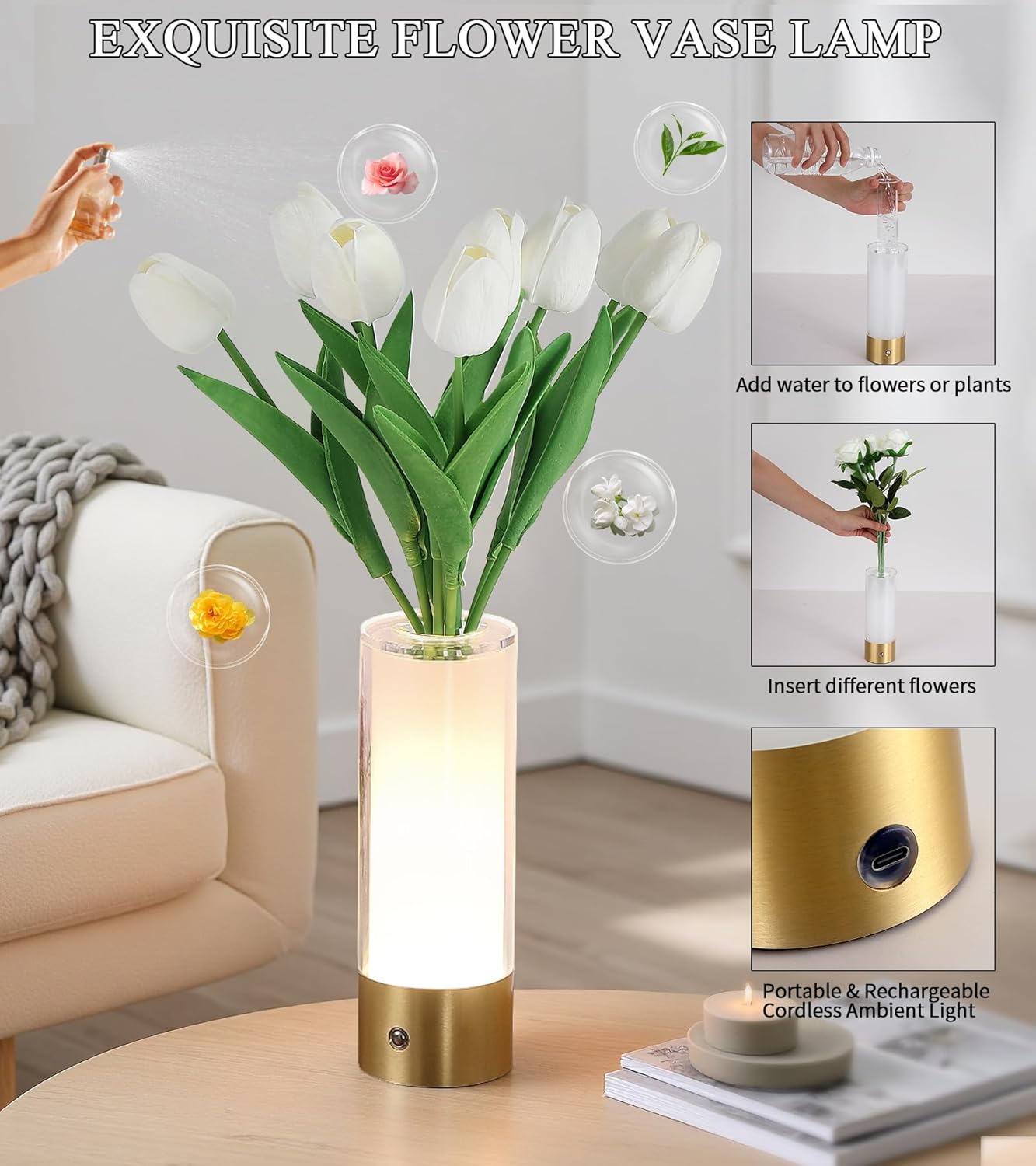 Flower Night Light,Touch Vase Lamp,Rechargeable Cordless Table Lamp,Dimming Small Mood Lighting for Dining Table/Bed Room/Bathroom/Closet,Gifts for Women/Mom, Artificial Tulips Included