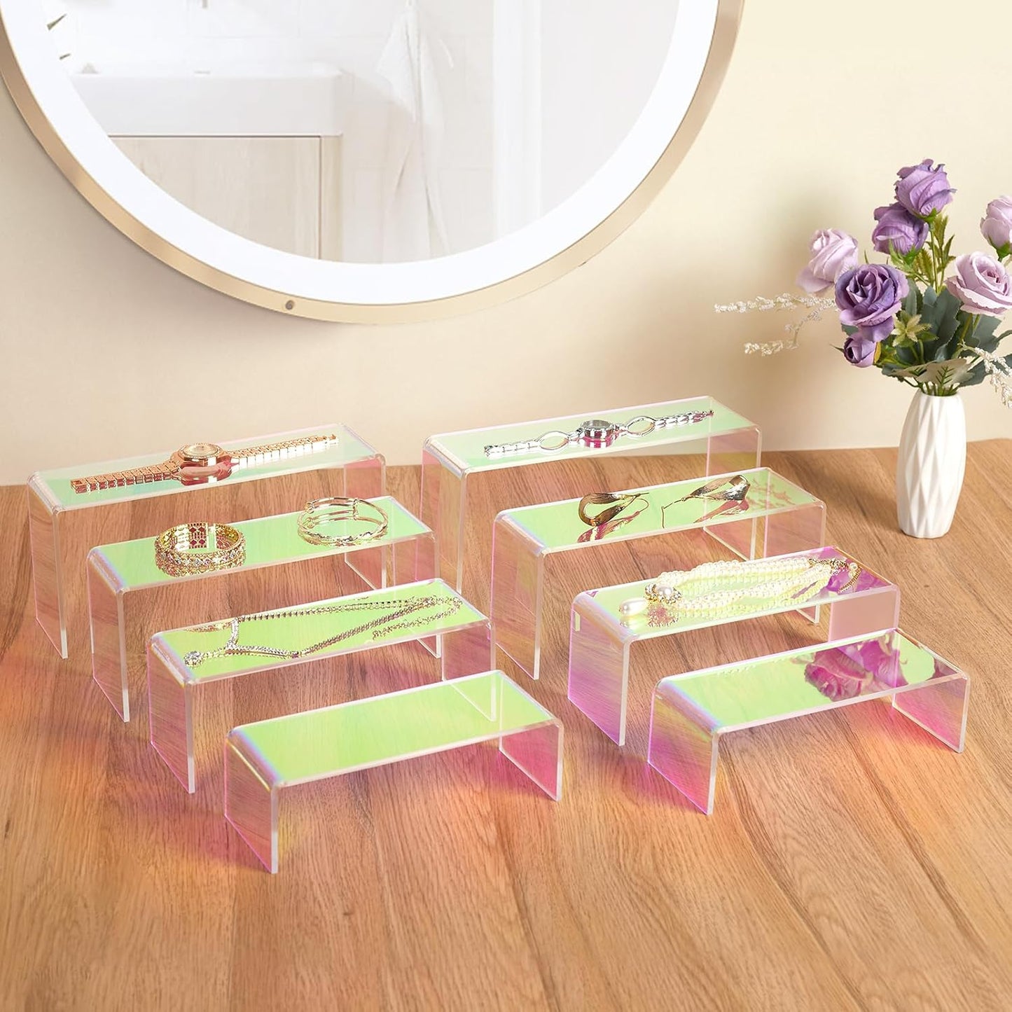 Iridescent Acrylic Display Risers, 8pcs Rainbow Display Stand Rectangular Stands Showcase Transparent Display Shelf for Dessert Cupcake Collectibles Figures Jewelry Perfume (Iridescent-8pcs)