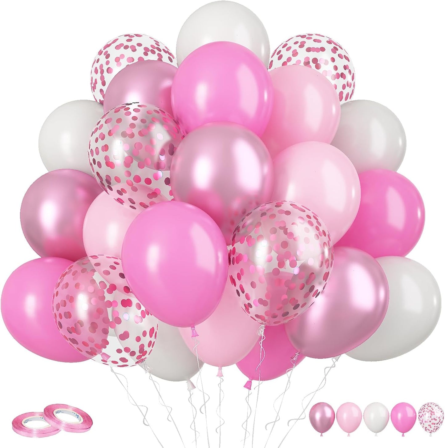 FunHot Funhot Pink Balloons, 60Pcs Pastel Pink Pearl White Latex Balloons, 12 Inch Metallic Pink Confetti Balloons Helium for Girls Princess Birthday Baby Shower Wedding Party Decorations