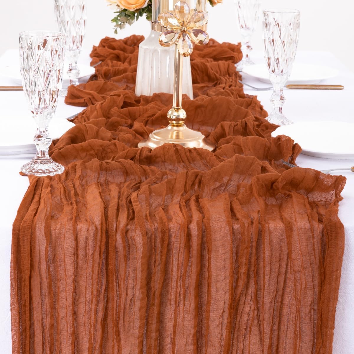 MLMW 6 Pack Fall Thanksgiving Table Runner Cheesecloth Autumn Harvest Rust Terracotta Cheese Cloth Boho Gauze 160 inch Table Runner 13.3ft for Wedding Party Baby Bridal Shower Birthday