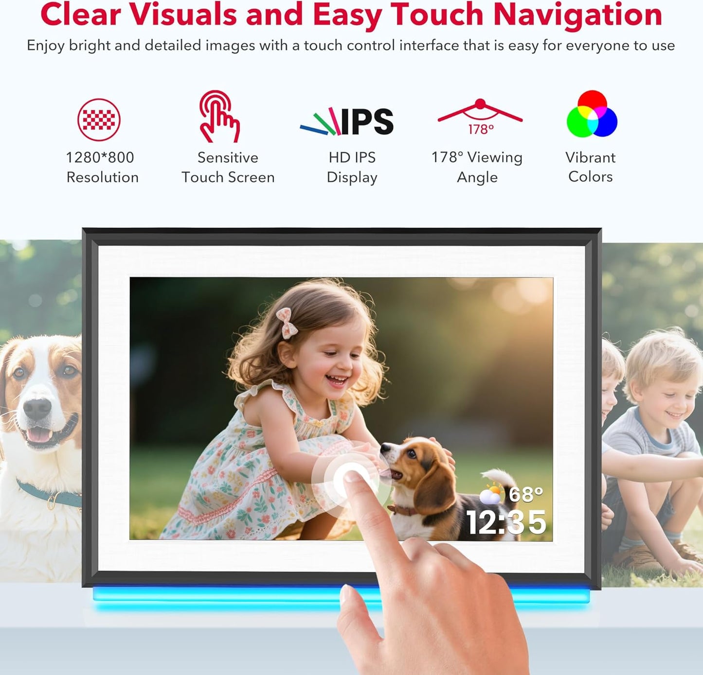 RCA 10.1" WiFi Digital Picture Frame Uhale App Photo Frames Electronic HD IPS Touch Screen Display with 32GB Memory LED Lights, Support USB/SD Card, Slideshow, Instantly Share Photos Videos