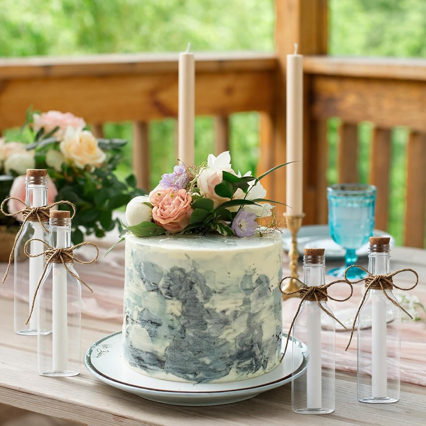 Baderke 24 Pcs 5.6 oz Message Bottles with Letter Printer Paper Plastic Bottles & Corks Twines for Message Invitations Birthday Wedding Baby Shower DIY Crafts Gift Party Favors (White)