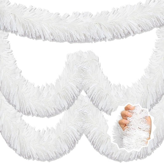 25 Feet Macaron White Christmas Tinsel Garland, Metallic Foil Twist Banner Wall Hanging Tinsel Streamers Backdrop for Parade Floats, Christmas, Mother's Day, Birthday Party Decorations(4in x 25ft)