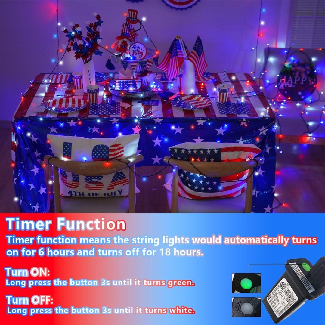 YEGUO 500LED 165ft 4th of July led Lights Outdoor Waterproof, Patriotic String Lights Plug in, Red White Blue led String Lights Indoor for 4th of July Memorial Day Independence Day Decor
