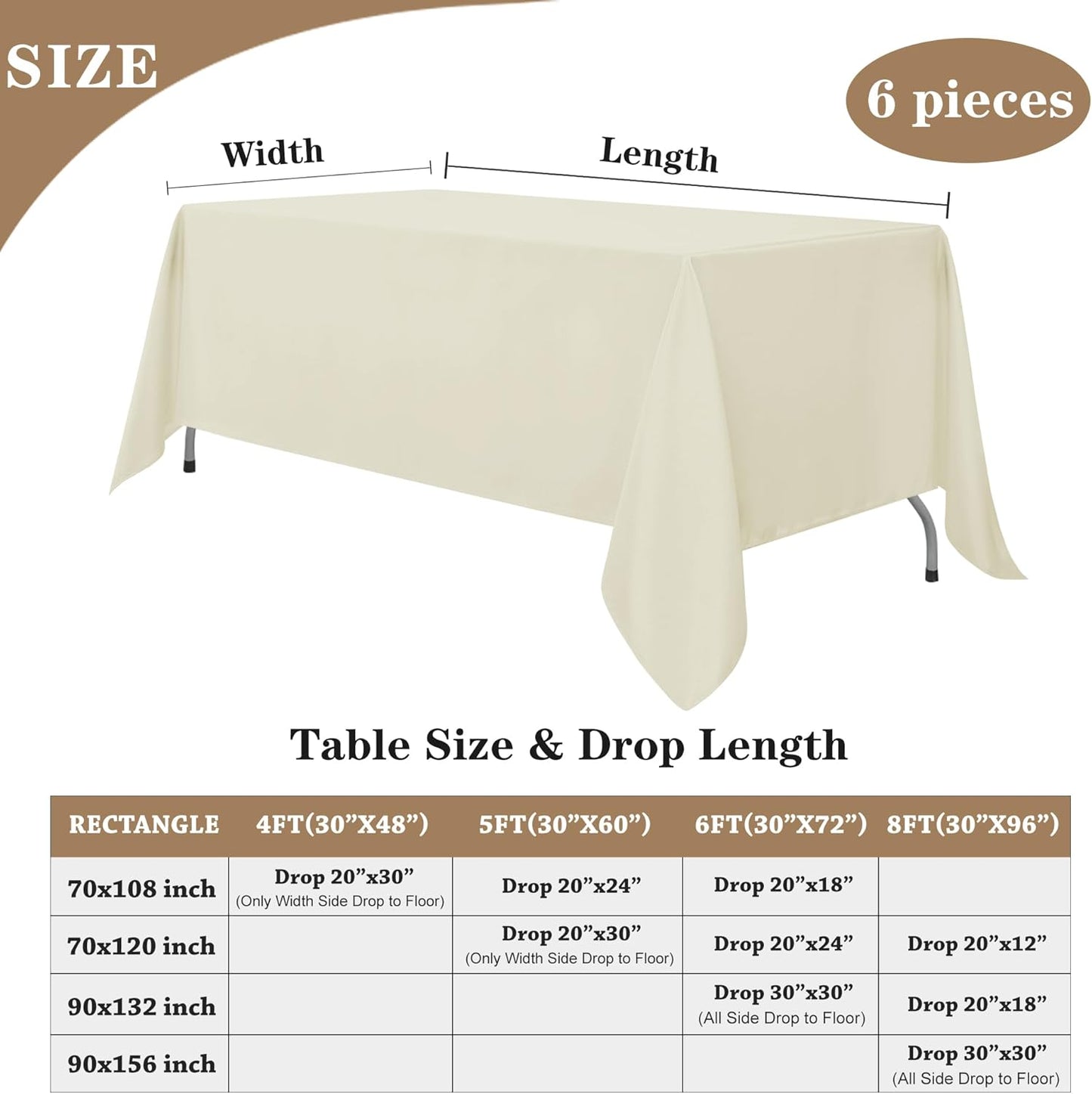 Fitable Ivory Rectangle Tablecloths for 6 Foot Tables, 6 Pack - 70 x 108 Inches - Stain Resistant and Washable Table Clothes, Polyester Fabric Table Covers for Wedding, Party, Banquet, Buffect