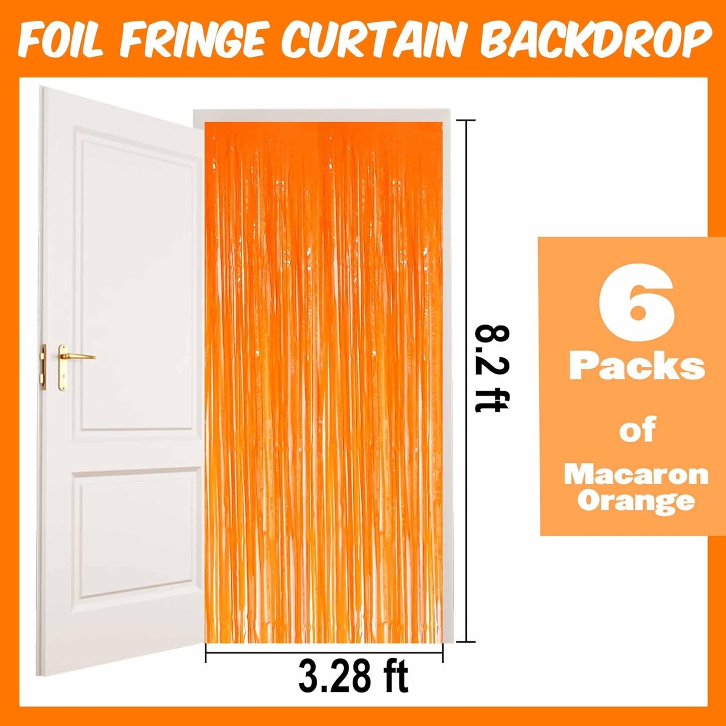 6 Pack Macaron Orange Foil Fringe Curtains Backdrop, 3.28 x 8.2 Ft Metallic Streamers Tinsel Curtains Background for Photo Booth, Birthday, Weddings, Carnivals, Graduation, Themed Party Decorations