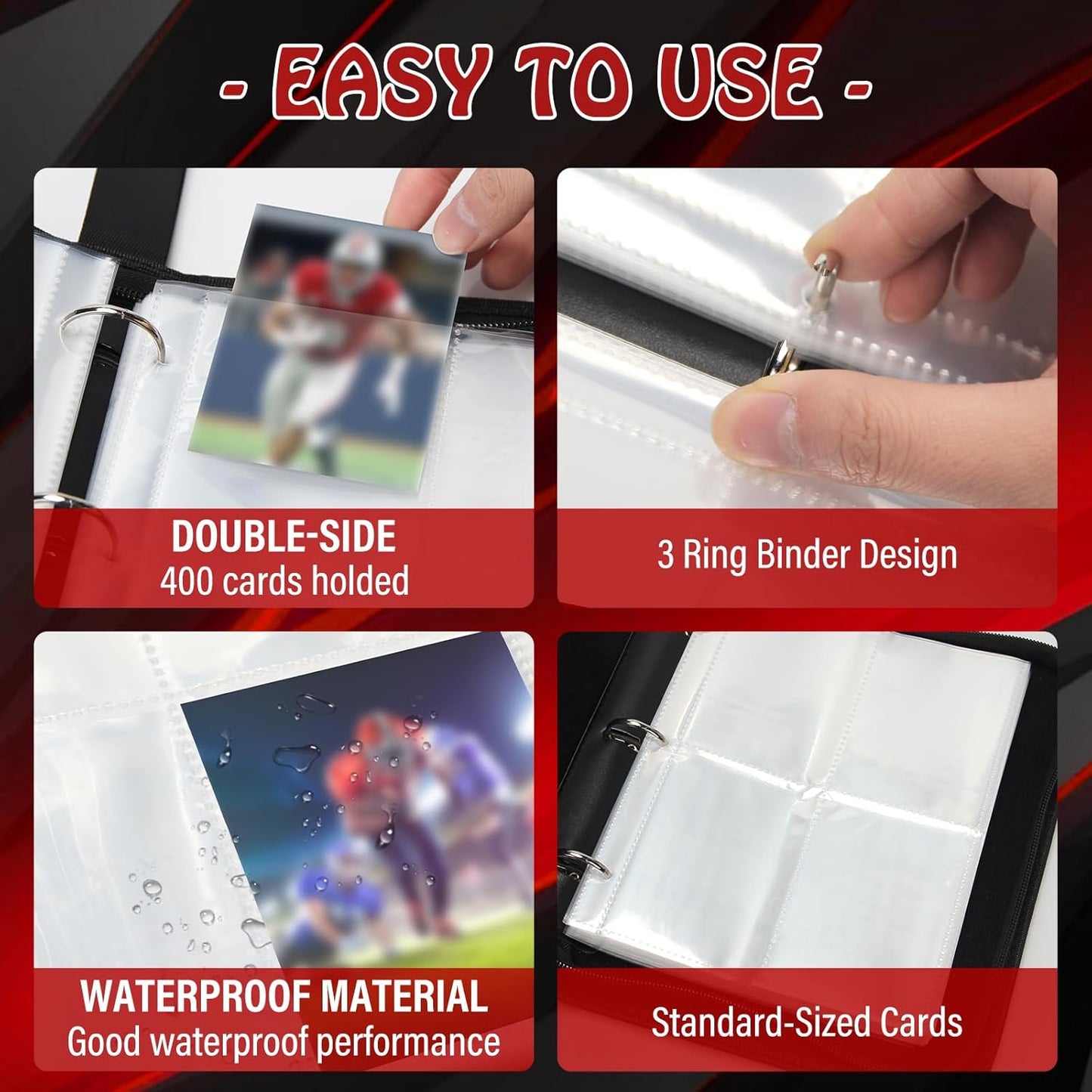 Football Card Binder,Trading Card Binder 4 Pocket,400 Pockets Card Holder with 50 Removable Sleeves,Trading Card Albums for Game Cards,Premium Card Book, Game Cards & Sports Cards Red