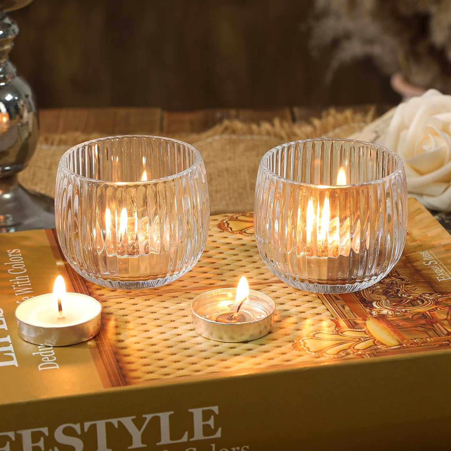 Set of 6 Ribbed Glass Votive Candle Holders, Clear Glass Tealight Holders for Taper Candles - Elegant Table Centerpieces for Weddings, Christmas, Parties, and Home Decor