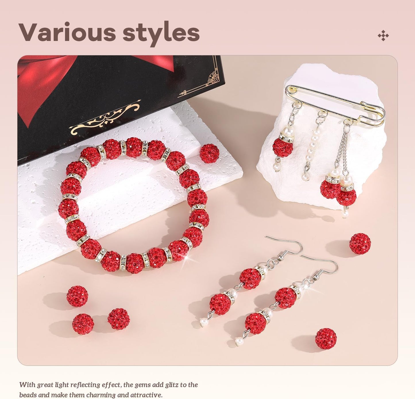 160pcs 10mm Rhinestone Beads for Jewelry Making, Red Shiny Round Disco Ball Beads Bulk, Sparkle Crystal Clay Christmas for Bracelet Baseball Necklace Earring Crafting and DIY