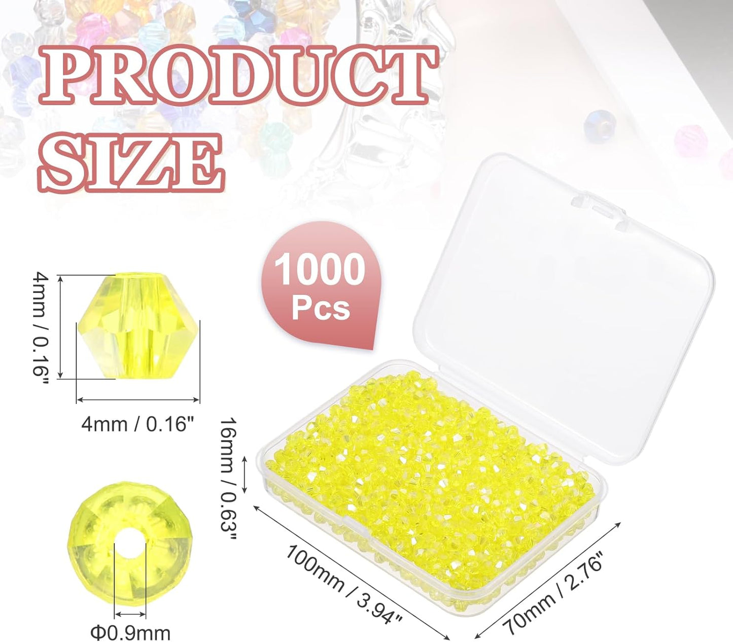 PATIKIL 1000pcs 4mm Bicone Glass Crystal Beads, Faceted Glass Spacer Beads with Box for Jewelry Making Bracelet Necklace Earrings DIY Suncatcher Craft, Yellow AB