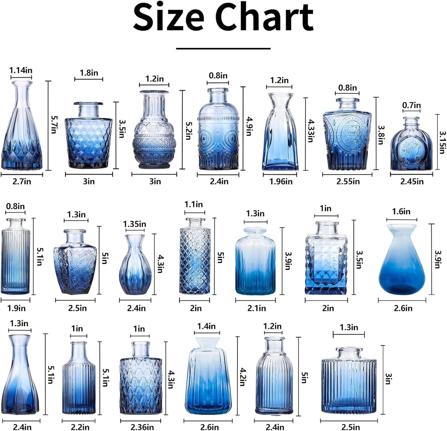 Blue Glass Bud Vase Set,20Pcs Small Glass Vase for Flowers, Blue Bud Set in Bulk,Mini Single Vintage Design for Centerpiece Rustic Wedding Decorations Home Table Flower Décor