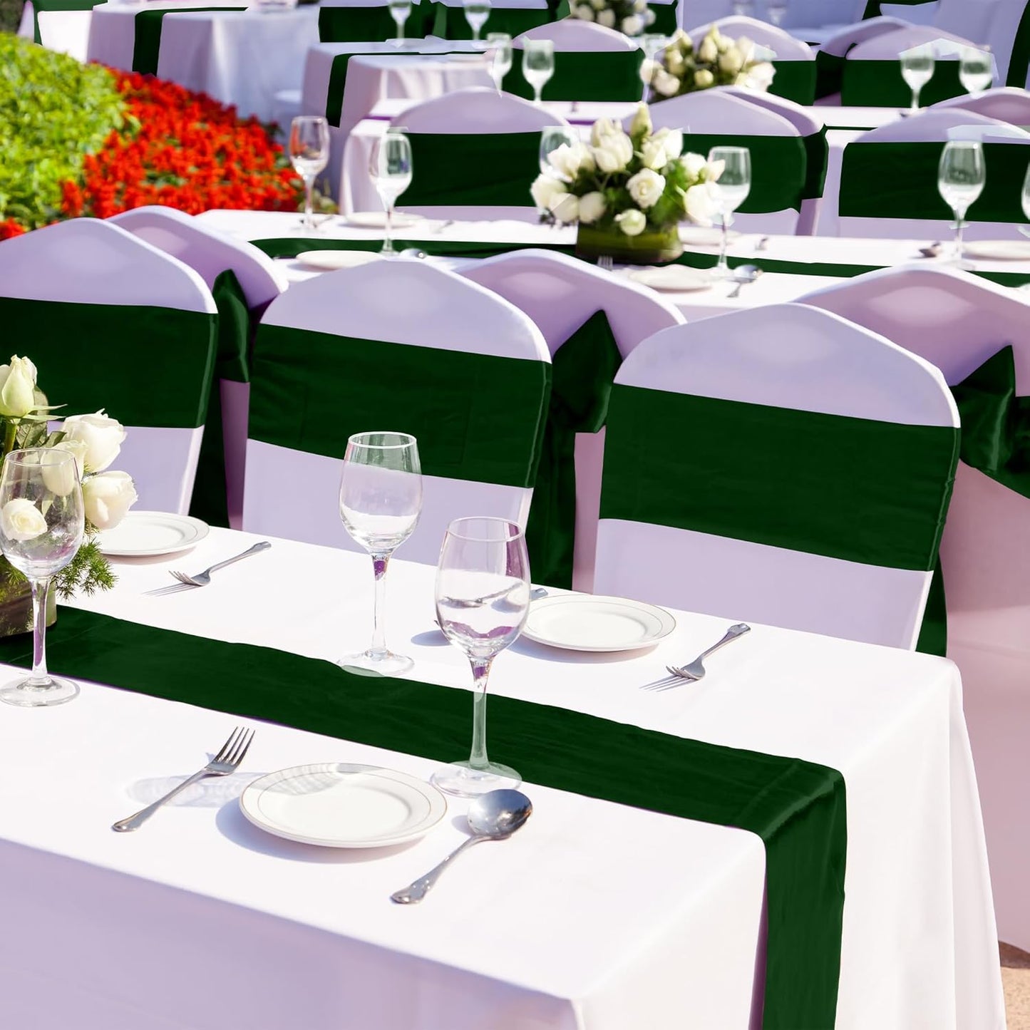 Aneco 12 Pack Satin Table Runner 12 x 108 Inch Forest Green Long Wedding Satin Silk Table Runner for Wedding Banquet Graduations Birthday Party Decoration