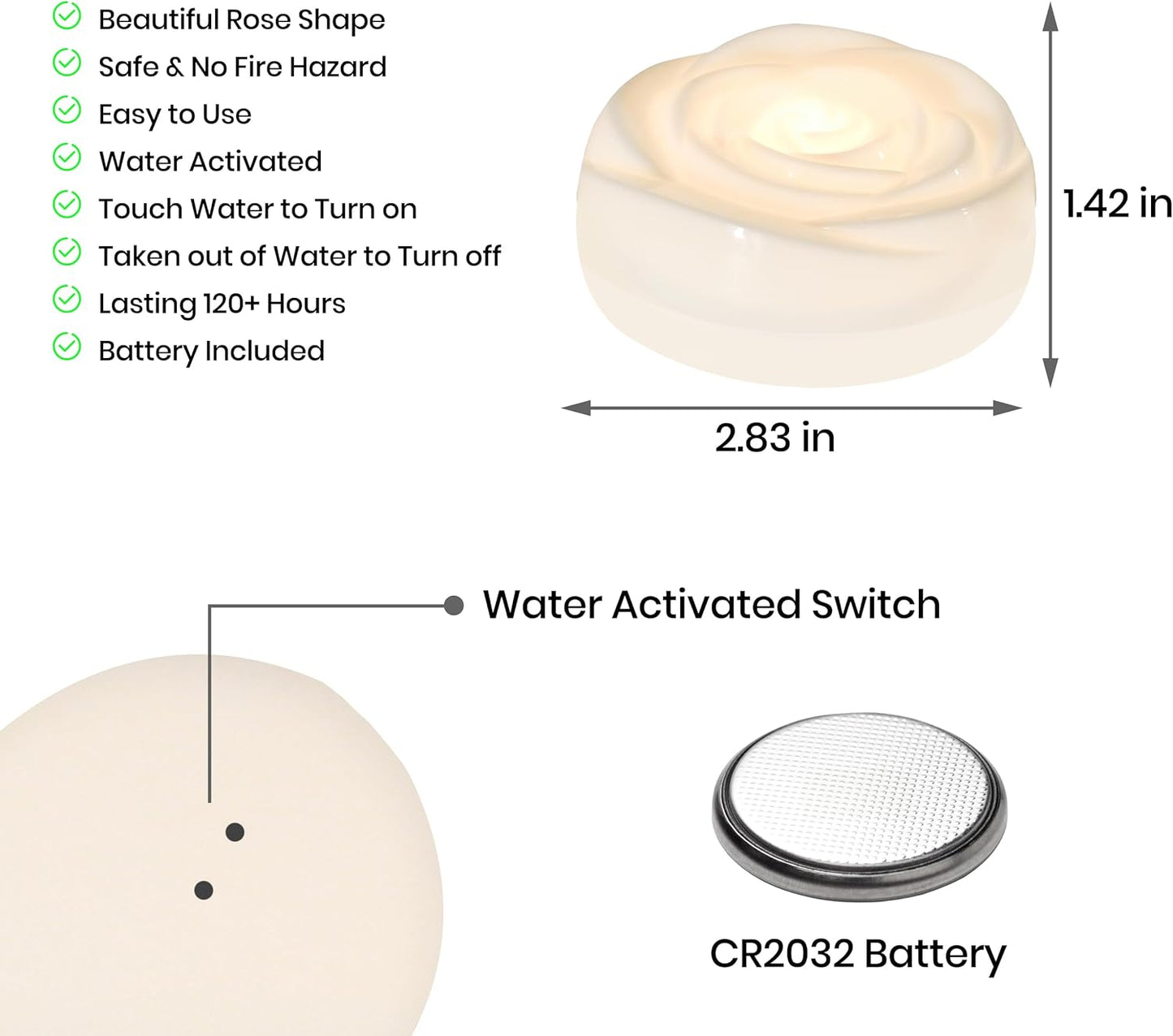 Aignis 6pcs Flameless LED Floating Candles, White Rose Plastic Tealights Battery Operated, 120+ Hours Glow Time, Cozy Light for Romantic Pool/Bathtub/Hot Bath/Wedding Centerpiece Decor(D2.83*H1.42)