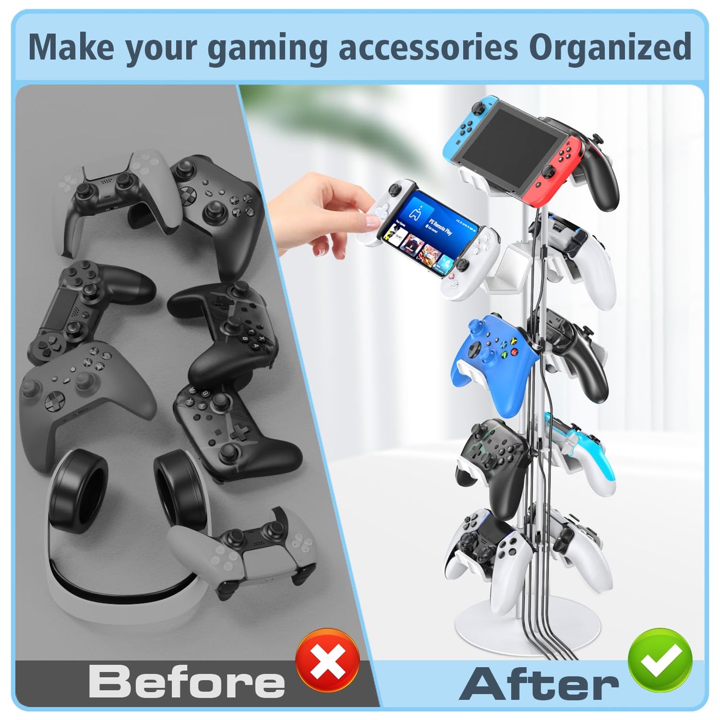 Kytok Gamer Gifts, Headset Stand 5 Tiers with Cable Organizer, Controller Stand Compatible with PS5/Xbox/Nintendo Switch/PS Portal/PS4, Headset Holder & Controller Holder for 10 Packs Controller