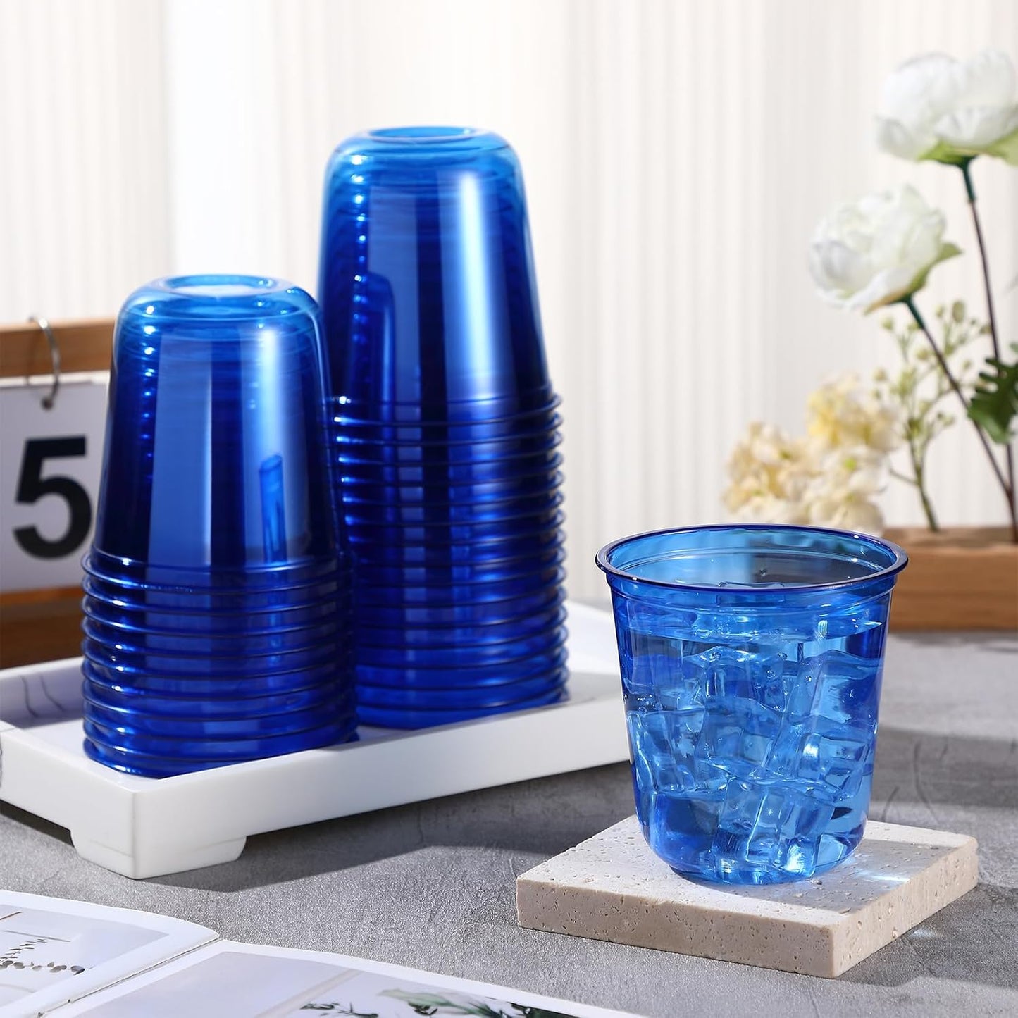 Disposable Stemless Glasses 12oz Crystal Plastic Wine Glasses Clear Classic Pet Cup for Meeting Weddings Birthdays Cocktail Christmas Party Supplies(Blue,50 Pcs)