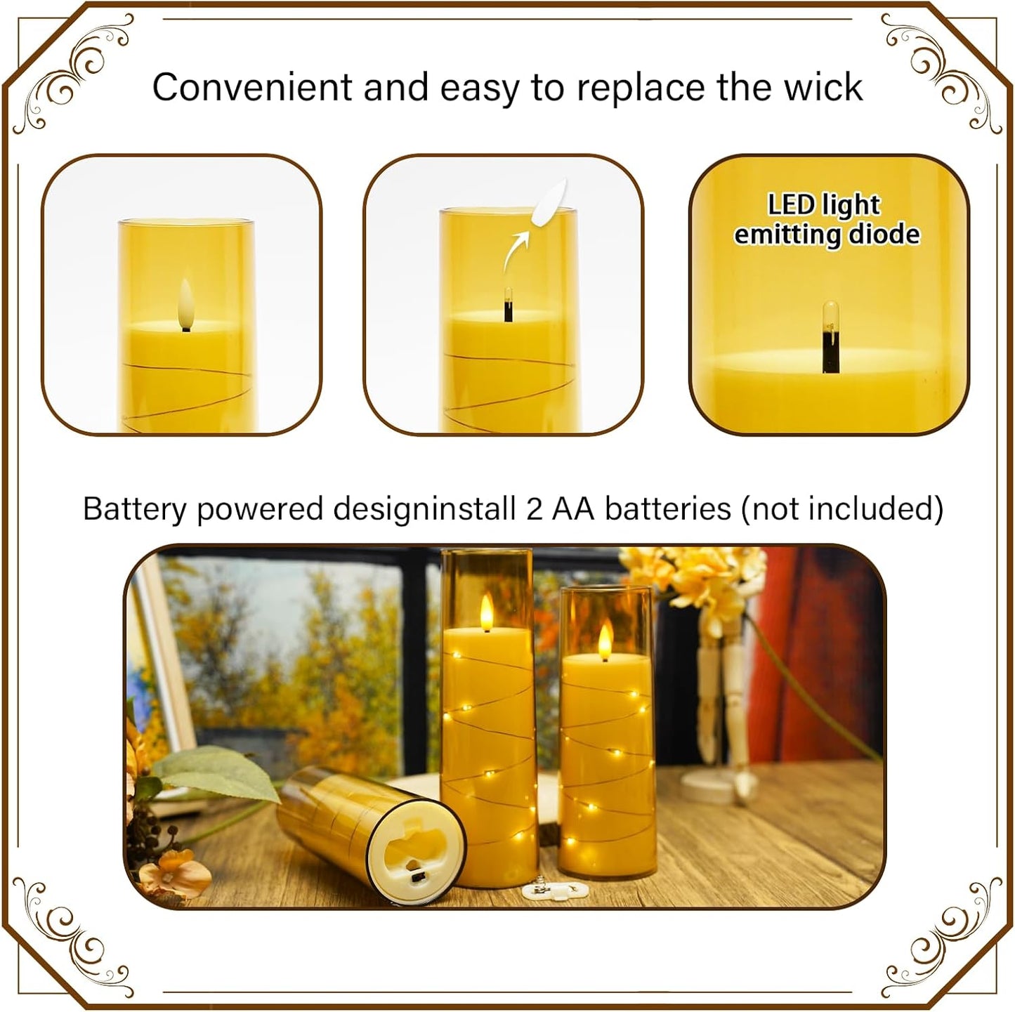 Flickering Flameless LED Candles,Battery Operated Candles 9 Pcs with Embedded Star String,Acrylic LED Pillar Candles with Remote,Suitable for Home Decoration to Create an Atmosphere（Gold）