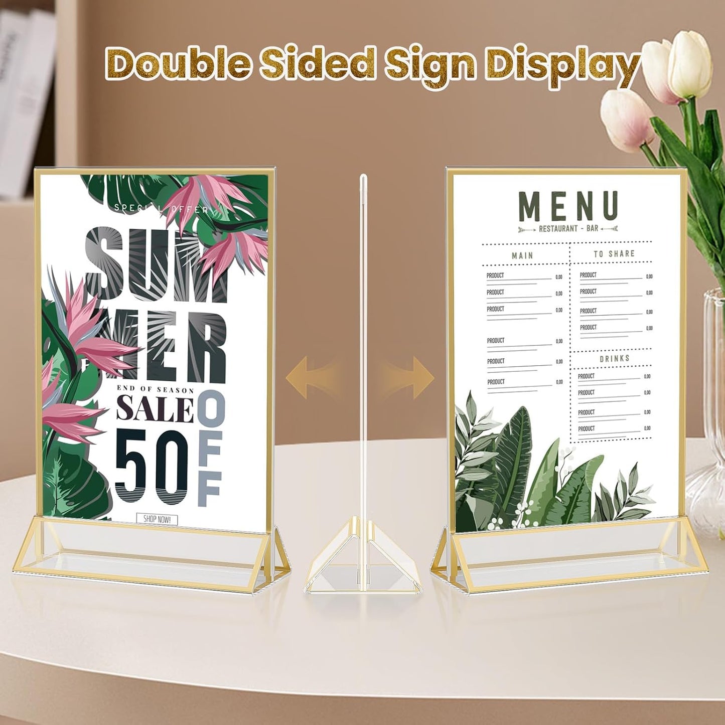 Acrylic Gold Sign Holders 4x6, 2 Pack Wedding Gold Table Number Holders, Double Sided Photo Display Picture Frame Paper Stand, Clear Flyer Stand Menu Holder for Wedding, Home, Party, Restaurant