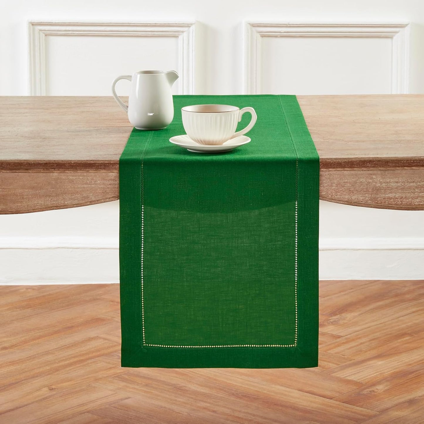 Solino Home Linen Table Runner 36 Inches - 100% Pure Linen Garden Green Hemstitch Table Runner 14 x 36 Inch Ideal for Dresser and Coffee Tables - Classic Hemstitch - Christmas