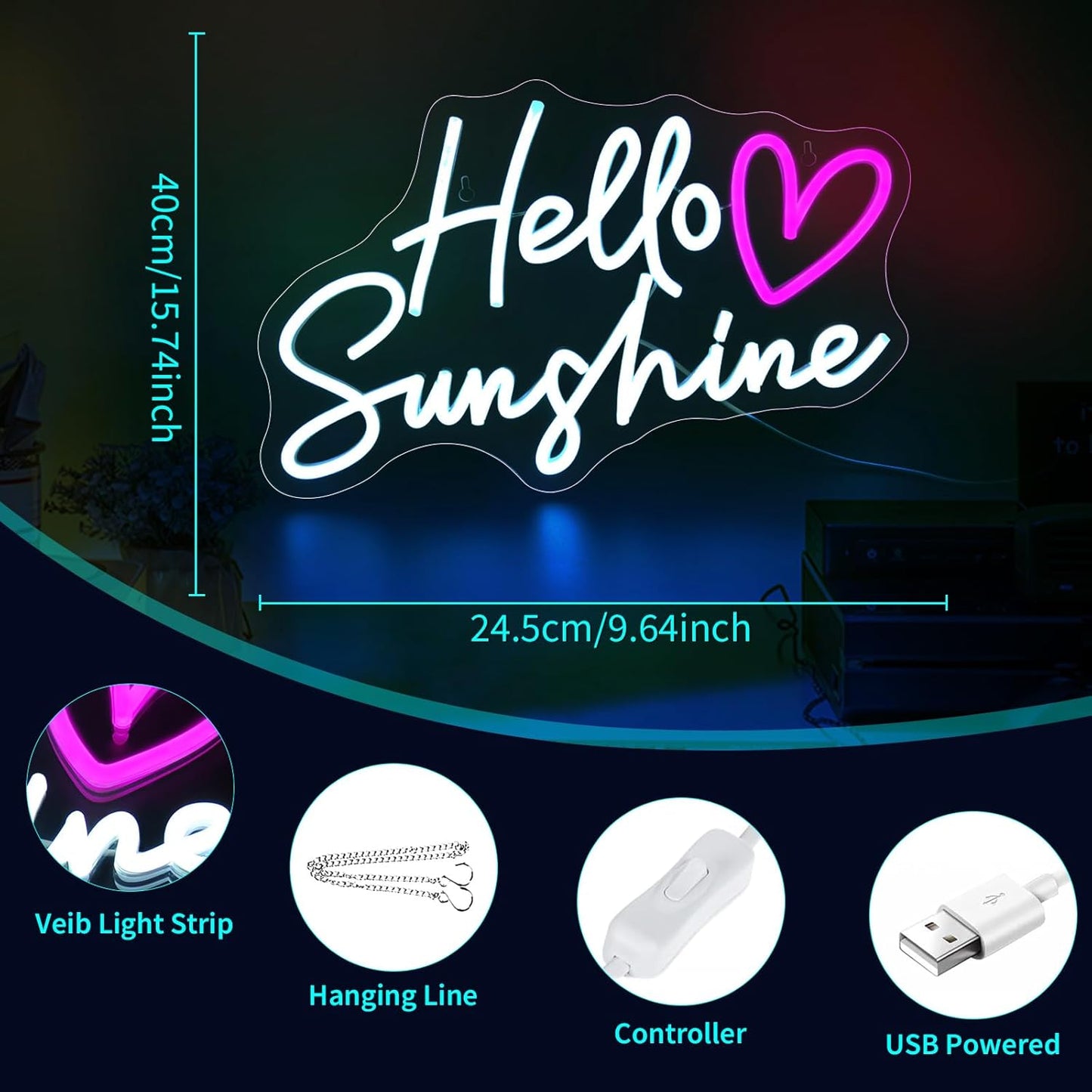 Hello Sunshine Neon Signs for Wall Decor White LED Neon Sign for Room Neon Light Sign for Wall Decor Birthday Party USB Powered