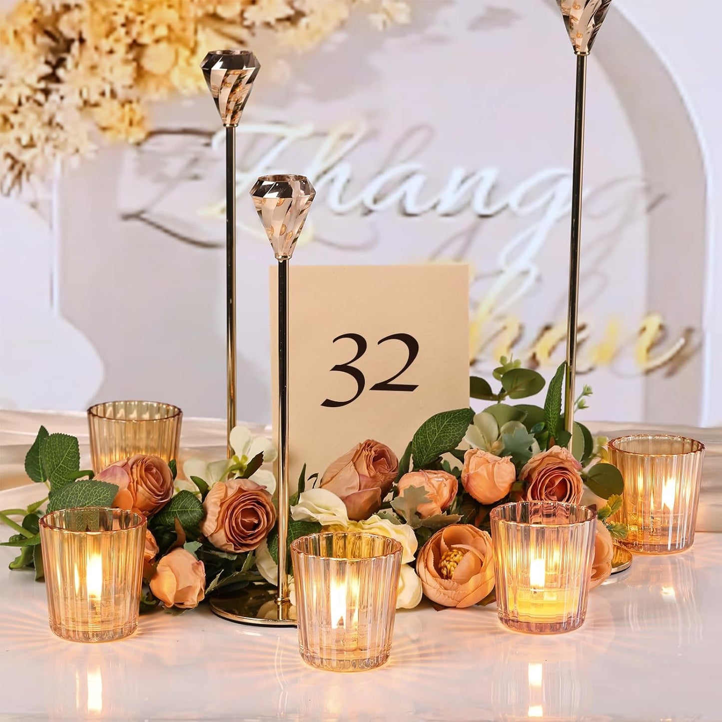 8PCS Vintage Ribbed Gold Votive Candle Holders, Glass Candle Holder for Wedding Decorations, Tealight Candle Holder for Table Centerpiece, Diwali, Home and Party Decorations