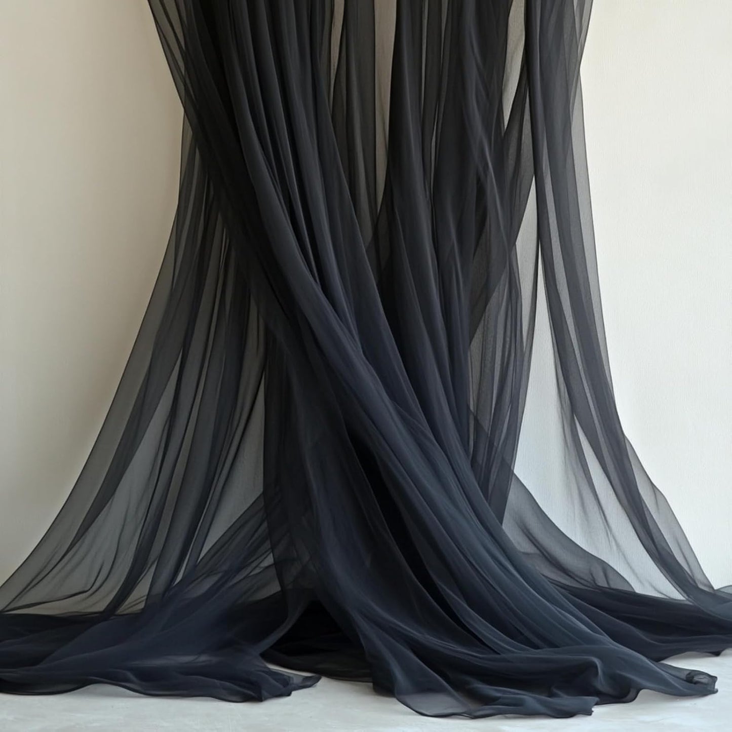 Black Tulle Backdrop Curtain with Lights String - 10x10ft Sheer Backdrop with 300 LEDs for Halloween, Wedding, Bridal Shower, Birthday Party Photo Shoot Background and Home Decorations