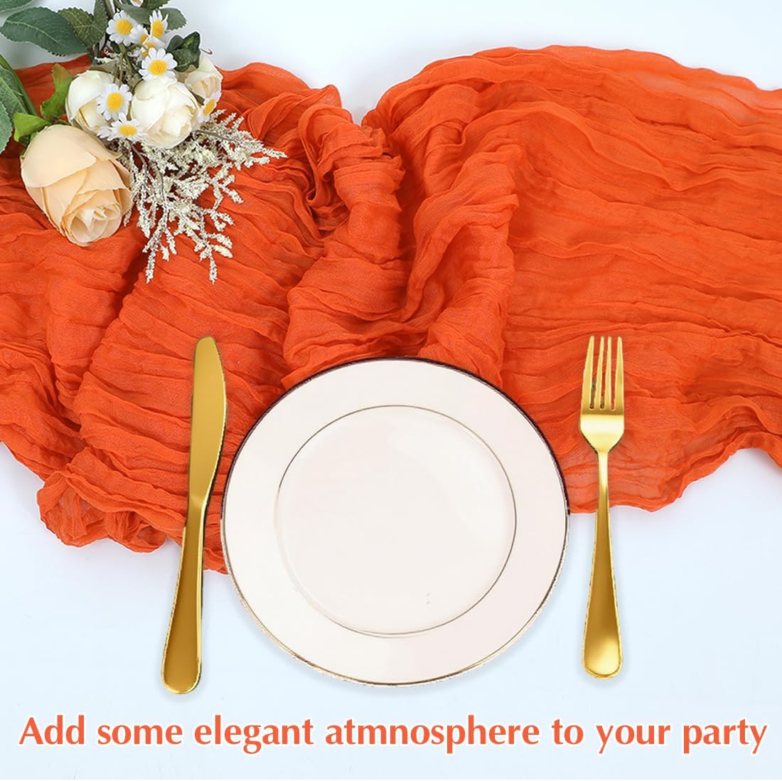 10 Pack Orange Cheesecloth Table Runner -21*120Inch Long Boho Wedding Table Decor, Rustic Gauze Fabric Runner for Bridal Showers, Baby Showers & Parties (Sheer, Lightweight, Wrinkled Design)