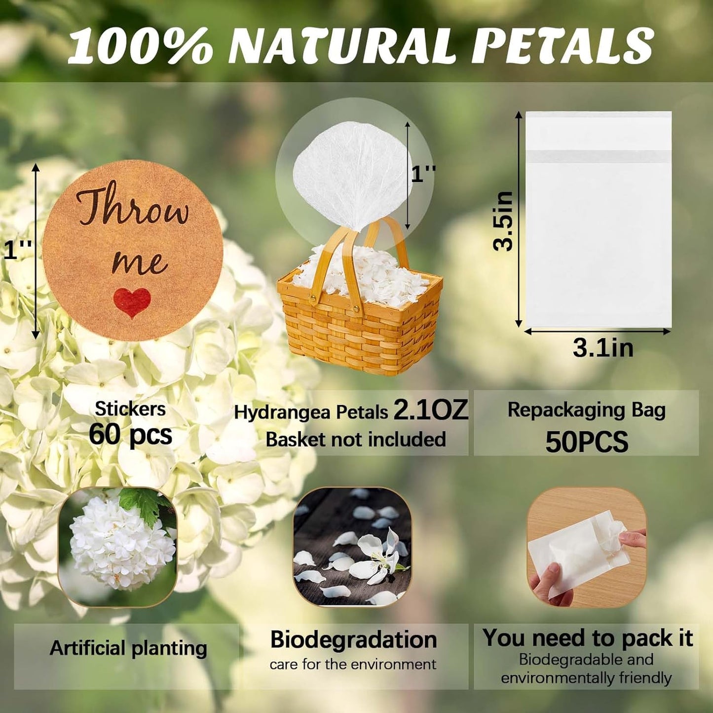 Wavwavw Biodegradable Confetti, Dried Hydrangea Flower Petals with Throw Me Stickers Wedding Confetti Biodegradable Flower Petals for Wedding Ideas Valentines Day Decor (White,55 Pcs)