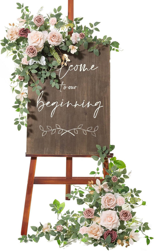 Ling's moment 2pcs Wedding Flowers Garland Artificial Floral Swag Arch Decorations Greenery Arrangements Dusty Rose Cream Ceremony Reception Garden Easel Wall Entryway Outdoor Board(NOT Include Sign)