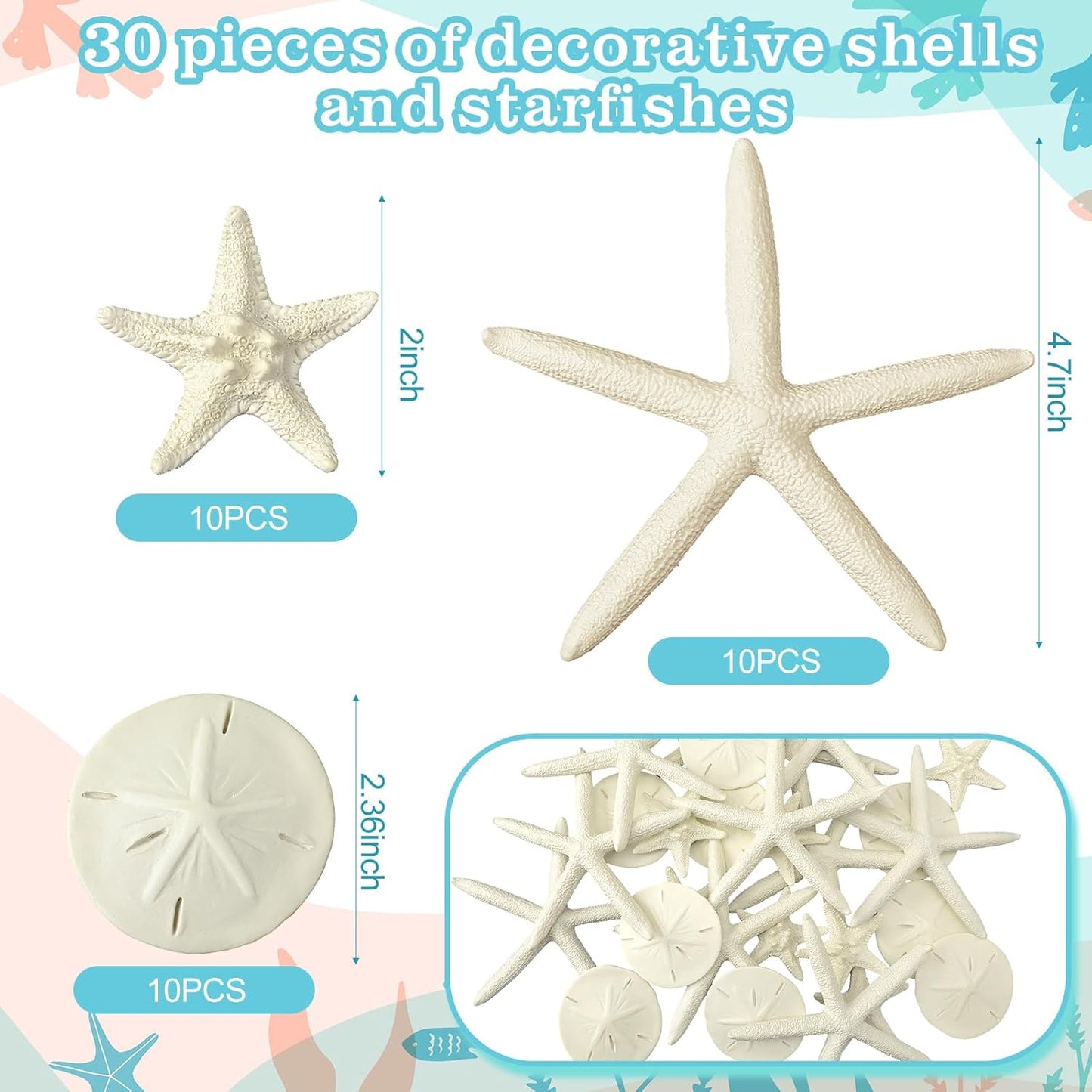 Queekay 30 Pieces Resin Starfish Sand Dollars 2.0 Inch 4.7 Inch Starfish 2.3 Inch Sand Dollars Crafts Ocean Themed Glittered Coastal Decorations for Summer Wedding Christmas Party Decor Supplies