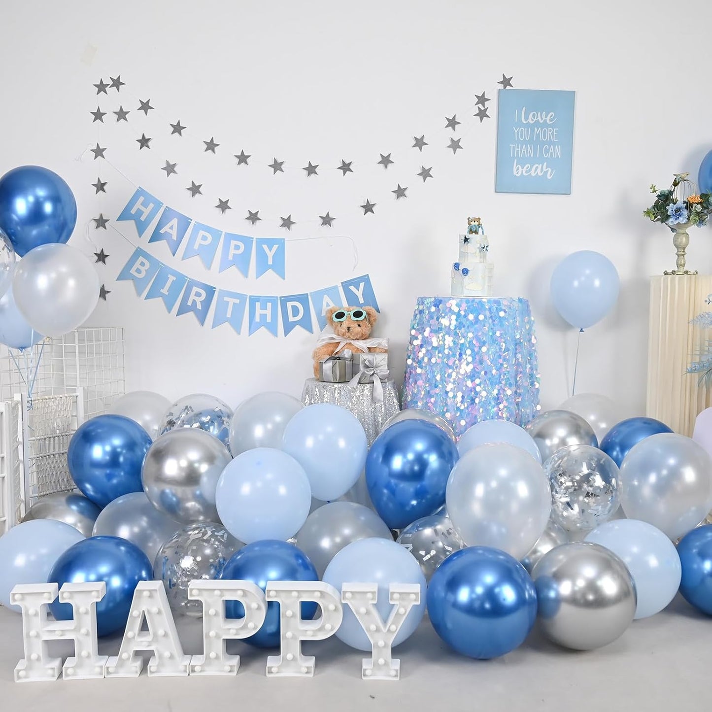 Togvu Metallic Blue Silver Balloons, 60 Pcs 12 Inches Chrome Blue White Balloon with Silver Balloons Glitter Confetti Balloons for Boys Baby Shower, Birthday, Baptism,Wedding Decorations