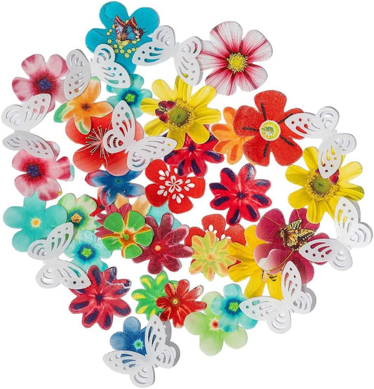 Edible Flowers Edible leaves &White Edible butterflies Wafer Paper Cake Cupcake Toppers for Decorating Rice Paper Flower Food Decorations for Baking Birthday Party (35flowers+20butterflies)