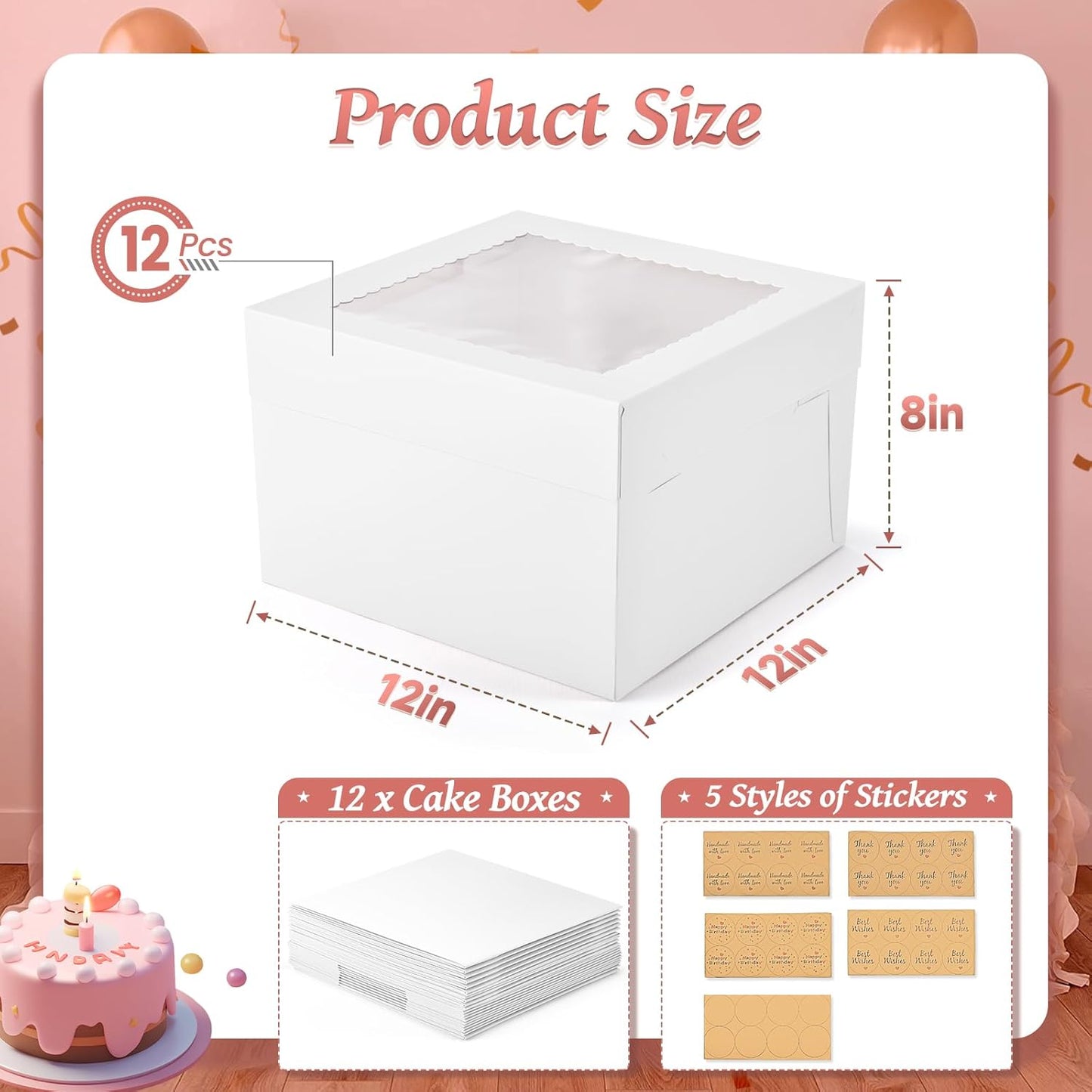 12Pcs Cake Boxes, 12x12x8 Inches Tall Bakery Boxes with Window, Large White Disposable Tier Cake Containers for Pastries, Pie, Cookies, Chocolates, Cupcakes, Birthday Party Dessert Boxes