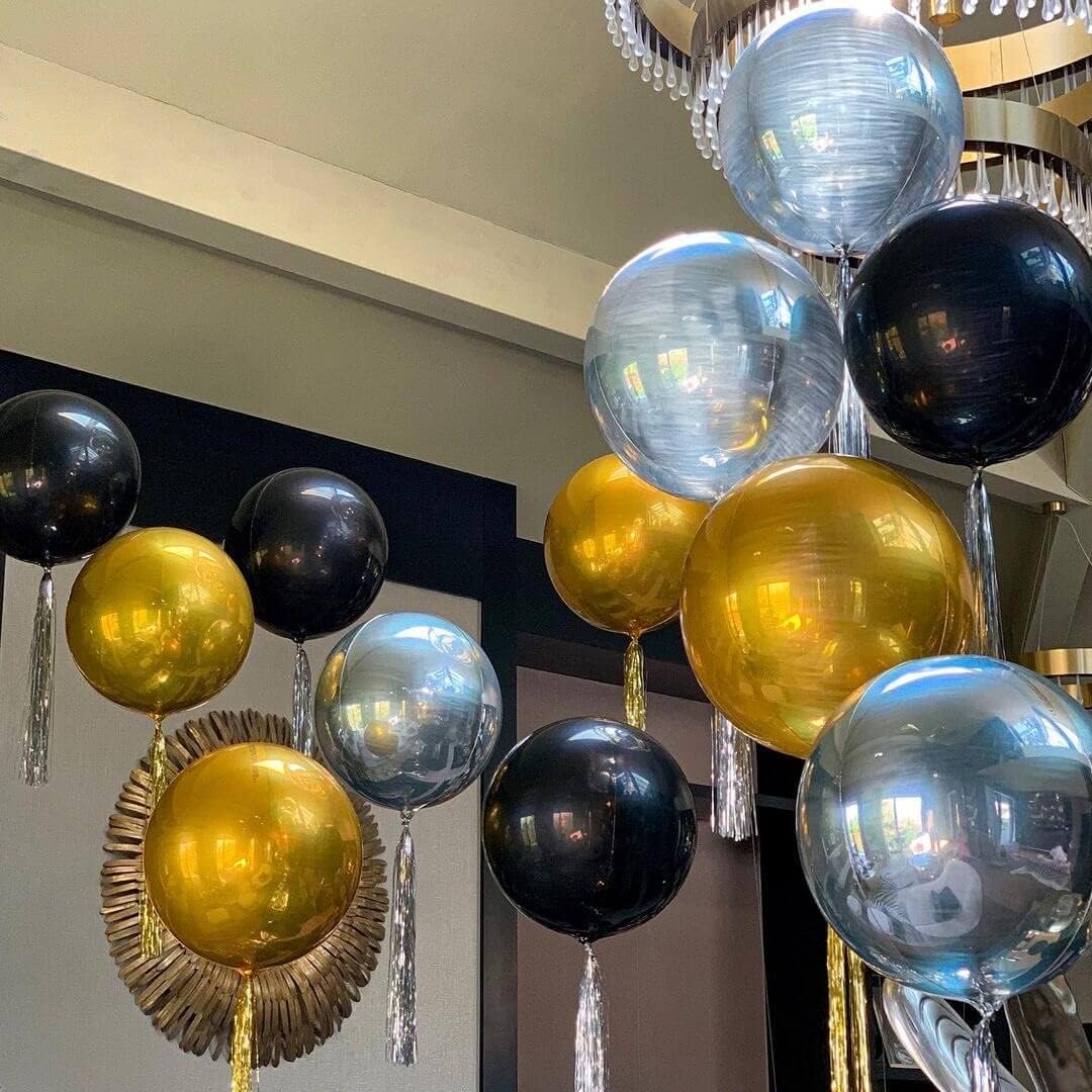 6 Pack Black 22 Inch 4D Foil Balloons Big 360 Degree Round Sephere Mylar Balloons Mirror Finish Metallic Balloons for Wedding,Birthday,Bachelorette,Baby Shower Decorations Party Supplies