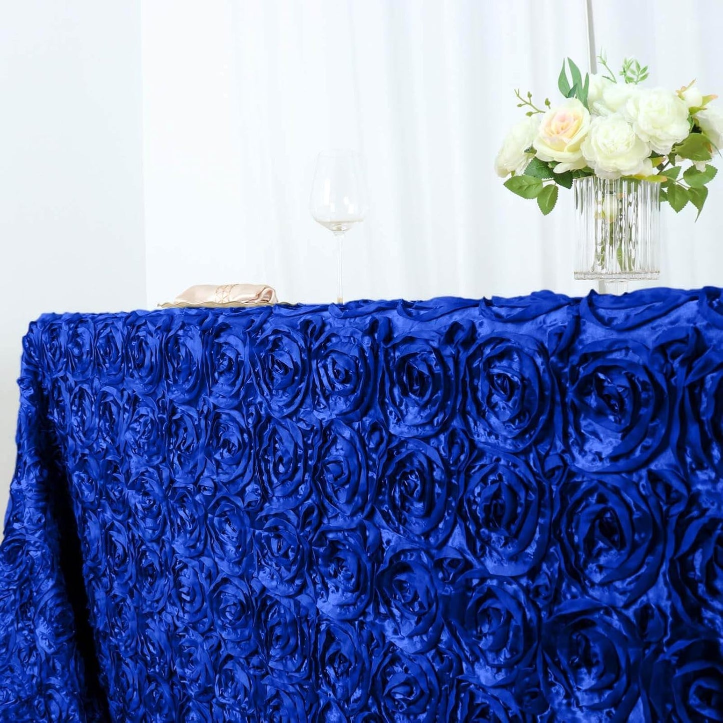 Efavormart 90"x156" Wholesale Rectangle Table Cover Royal Blue Grandiose Rosette 3D Satin Tablecloth for Wedding Party Event