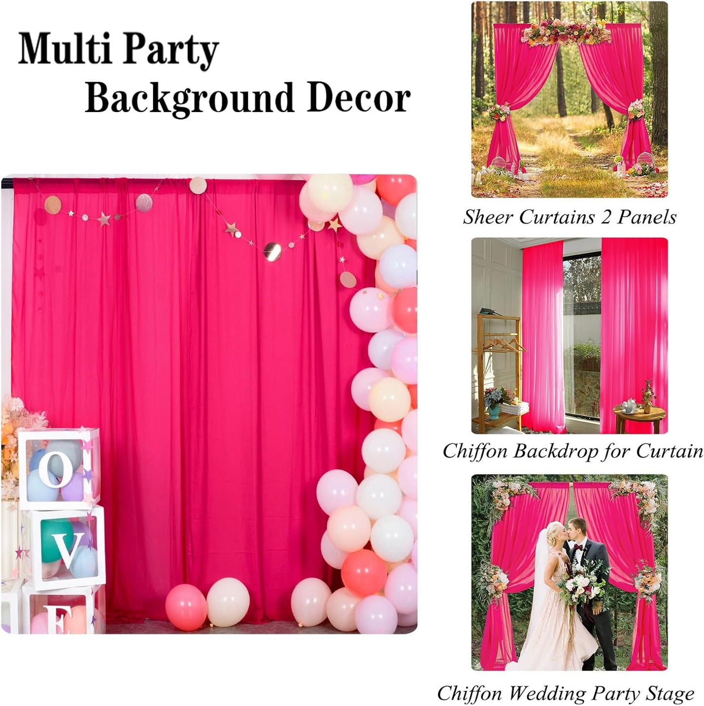 DUOBAO Hot Pink Chiffon Curtains 2 Panels 58 Inch (150cm Wide) by 120 Inches (300cm Long) Fuchsia Wedding Sheer Backdrop Drapes Beach Drape for Living Room Voile Window Curtain (5FTx10FT)