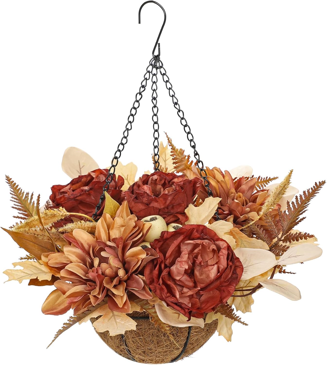 Hollyone Fall Hanging Baskets Peonies Artificial Flowers Fall Hanging Decor Peonies Flowers Faux Plants Baskets for Indoor Outdoor Fake Peony for Porch Patio Garden Autumn Decorations for Home