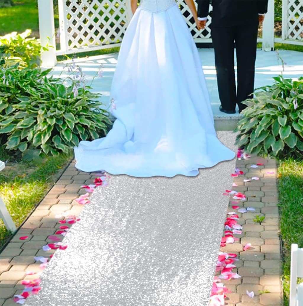 ShinyBeauty Silver Runner (4FTx15FT) Sequin Aisle Runner for Wedding Ceremony
