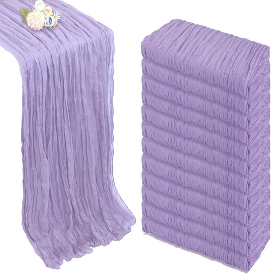 12 Pack Lilac Purple Cheesecloth Table Runner 10ft Boho Gauze Fabric Cheese Cloth Table Runner 35 x 120 Inch Rustic Sheer for Romantic Wedding Decor Baby Shower Party Table Centerpiece Decoration