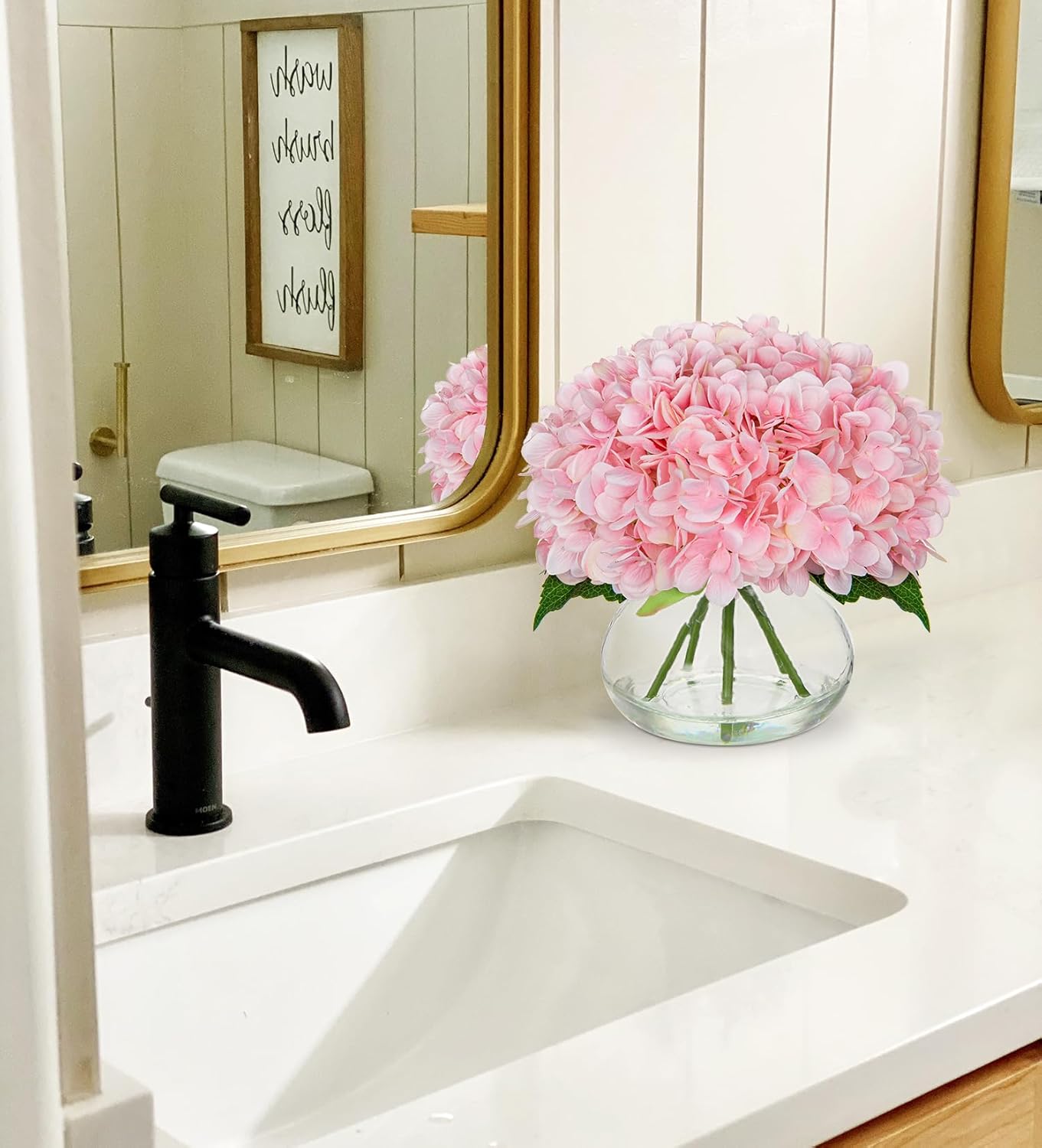 Hollyone Hydrangea Artificial Flowers with Glass Vase Pink Silk Faux Flowers Arrangements with Clear Faux Water Fake Floral Bulk Bouquet for Home Decor Table Centerpiece Decorations