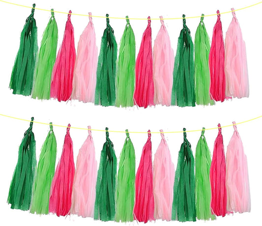 ZOOYOO Tassel Garland Tissue Paper Tassel Banner Table Decor, DIY Kits for Birthday Wedding Engagement,Witch Theme Party,Hawaiian Luau Tropical Party Decorations,Pack of 20 (Pink Green)