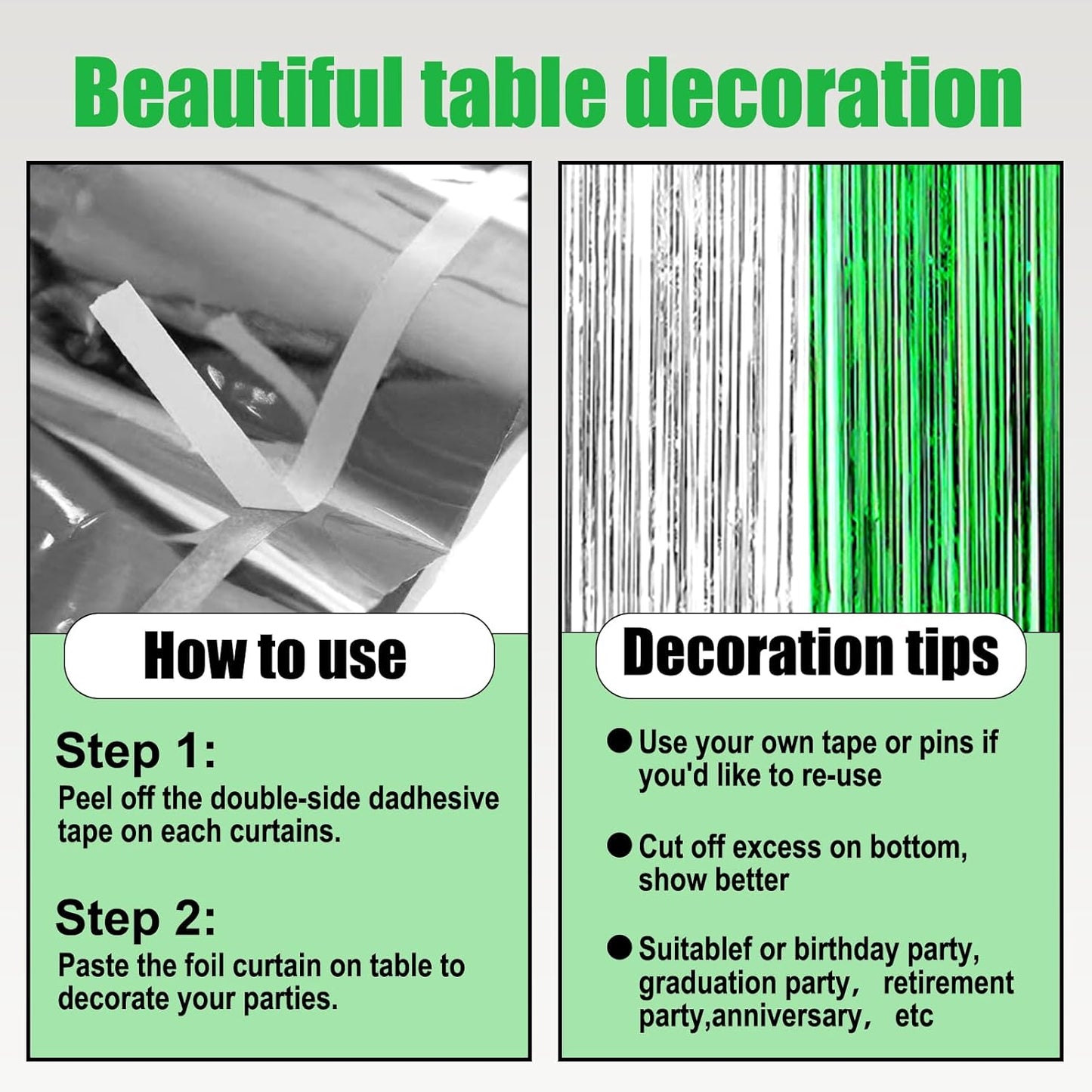 3 Pack 29 x108 Inch Silver Green Foil Fringe Table Skirts Metallic Banner for Tinsel Streamer Garland Backdrop for Parade Floats Wedding Thanksgiving Birthday Christmas New Year Party Decoration