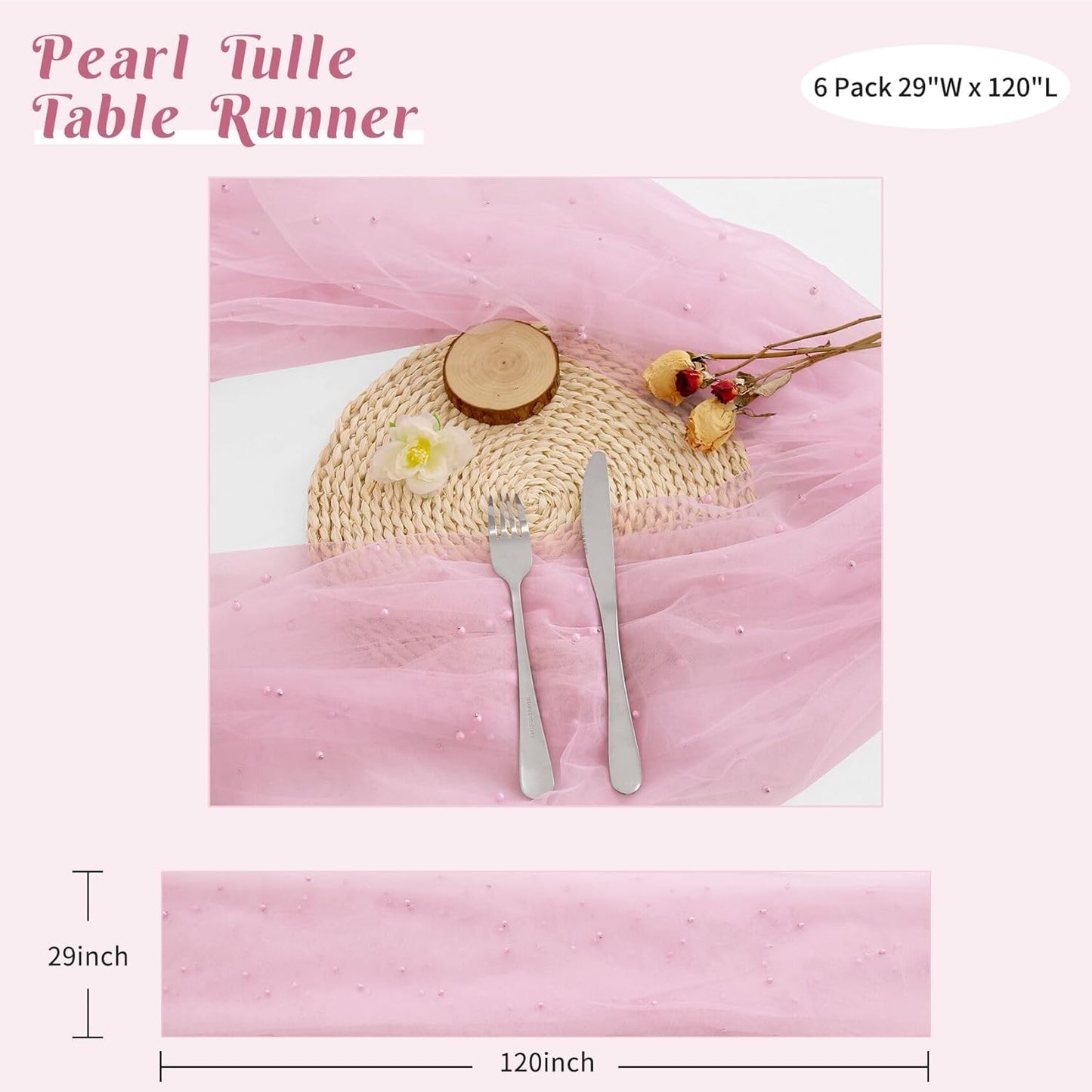 Set of 6 Pearl Table Runner 29 x 120 Inch Tulle Fabric Lace Table Runners Boho Rustic Tablecloth for Bridal Shower Birthday Party Wedding Arch Aisle Veil Dessert Table Decor(Pink)