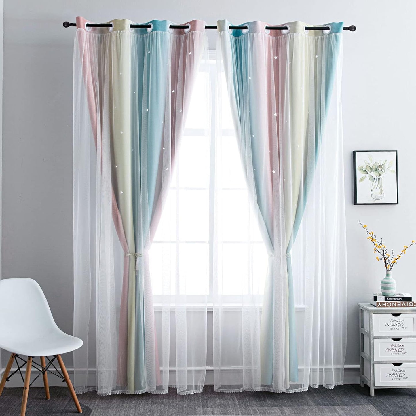 FANLI Ombre Rainbow Blackout Curtains for Kid Girls Bedroom Living Room Darking Stripe Double Layer Star Cut Out Wall Home Decor Gradient Grommet Window Curtains (Pink/Blue, 52W x 63L)
