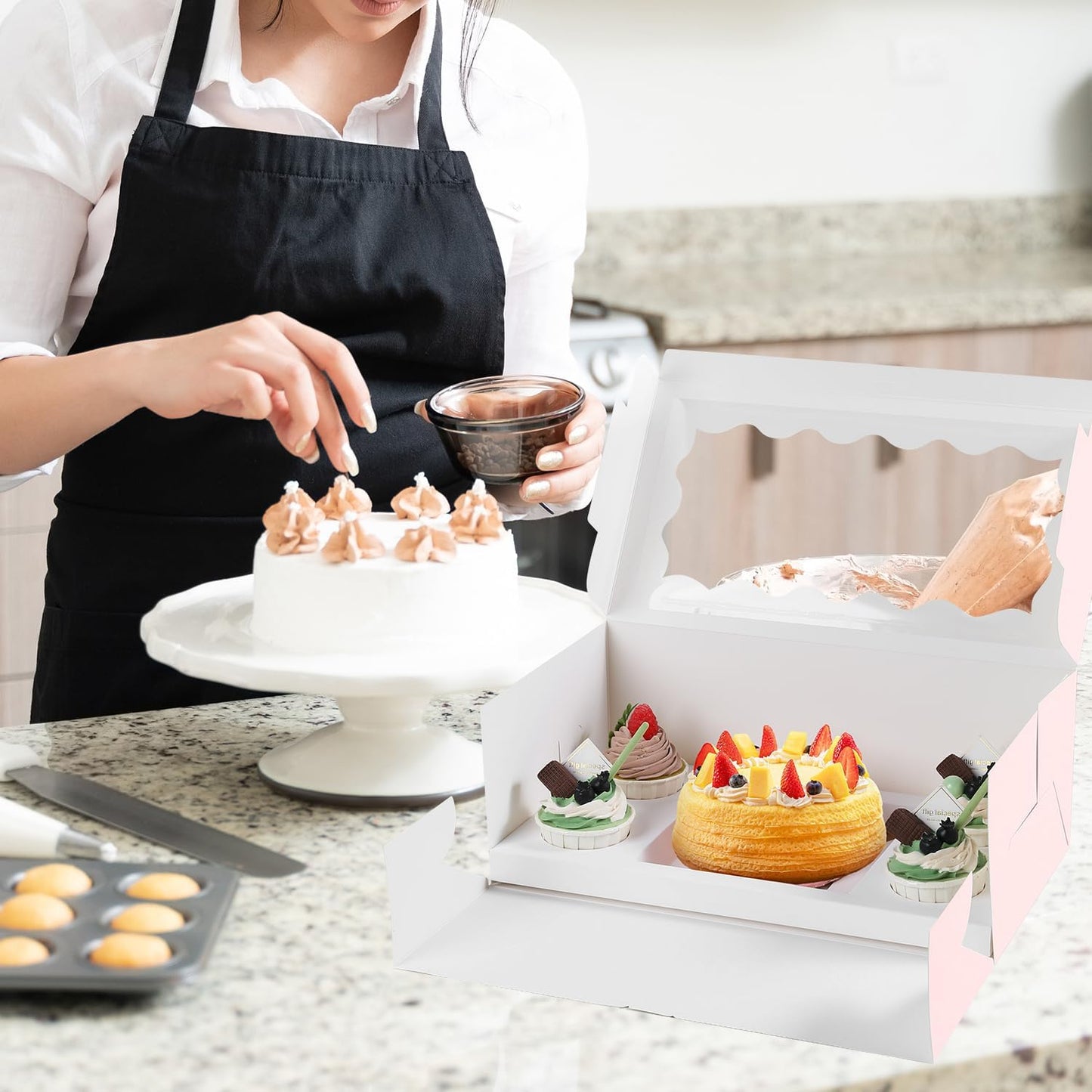 JCD 8 Packs Pink Bento Cake and Cupcake Box 5 Holes Fit 4 Cupcakes and 1 Mini Cakes Cupcake Combo Boxes for Party Bakery Supplies (Pink 1+4/8Pcs)